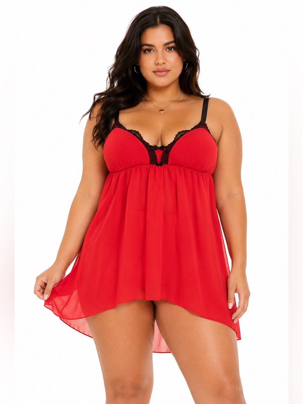 Y2K Vintage Chiffon Lace Trim Tulip Wrap Style Babydoll Teddy Slip (Red/Black)XL